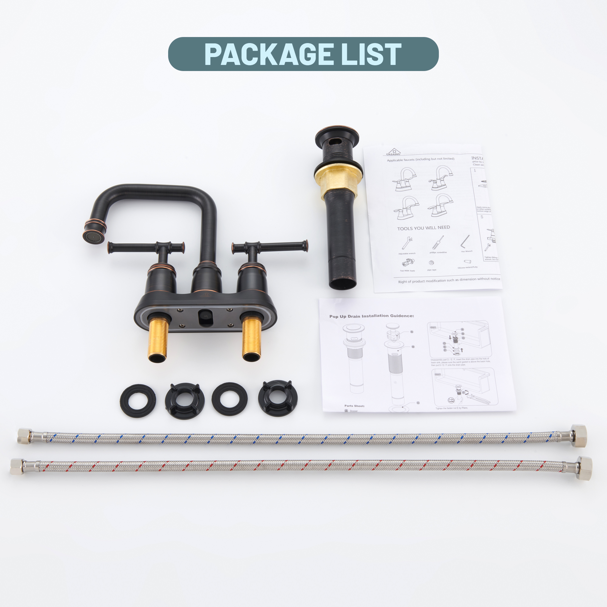 4 in. Centerset Double Handle 2 holes Bathroom Sink Faucet Lavatory Faucet with Stainless steel Drain in Brushed Nickel/Oil Rubbed Bronze/Brushed Gold/Matte Black