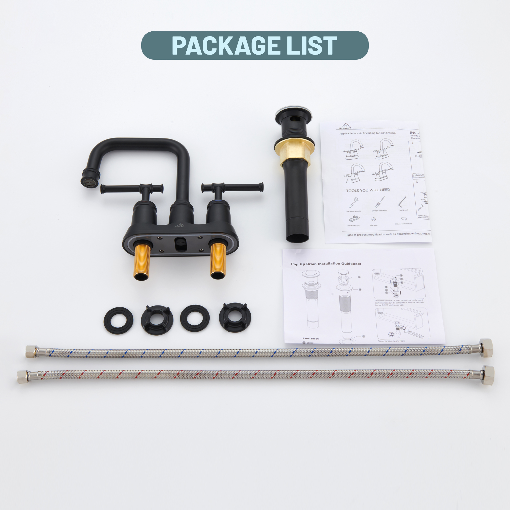 4 in. Centerset Double Handle 2 holes Bathroom Sink Faucet Lavatory Faucet with Stainless steel Drain in Brushed Nickel/Oil Rubbed Bronze/Brushed Gold/Matte Black