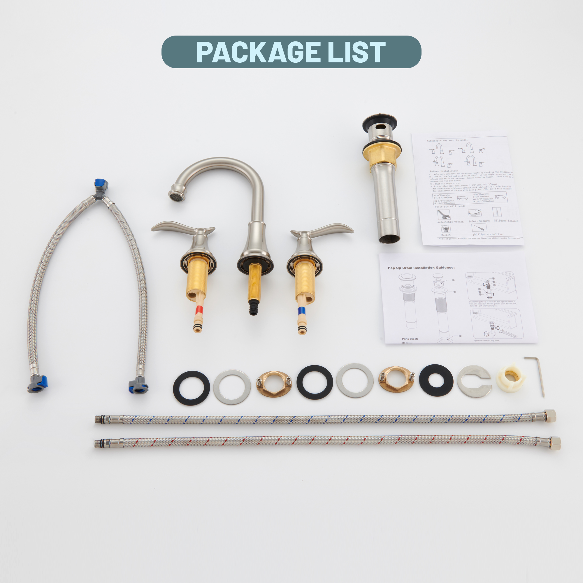 8 in. Widespread Double Handle Bathroom Sink Faucet with 360° Swivel Spout, Stainless Steel Drain Kit in Brushed Nickel/Oil Rubbed Bronze/Brushed Gold/Matte Black