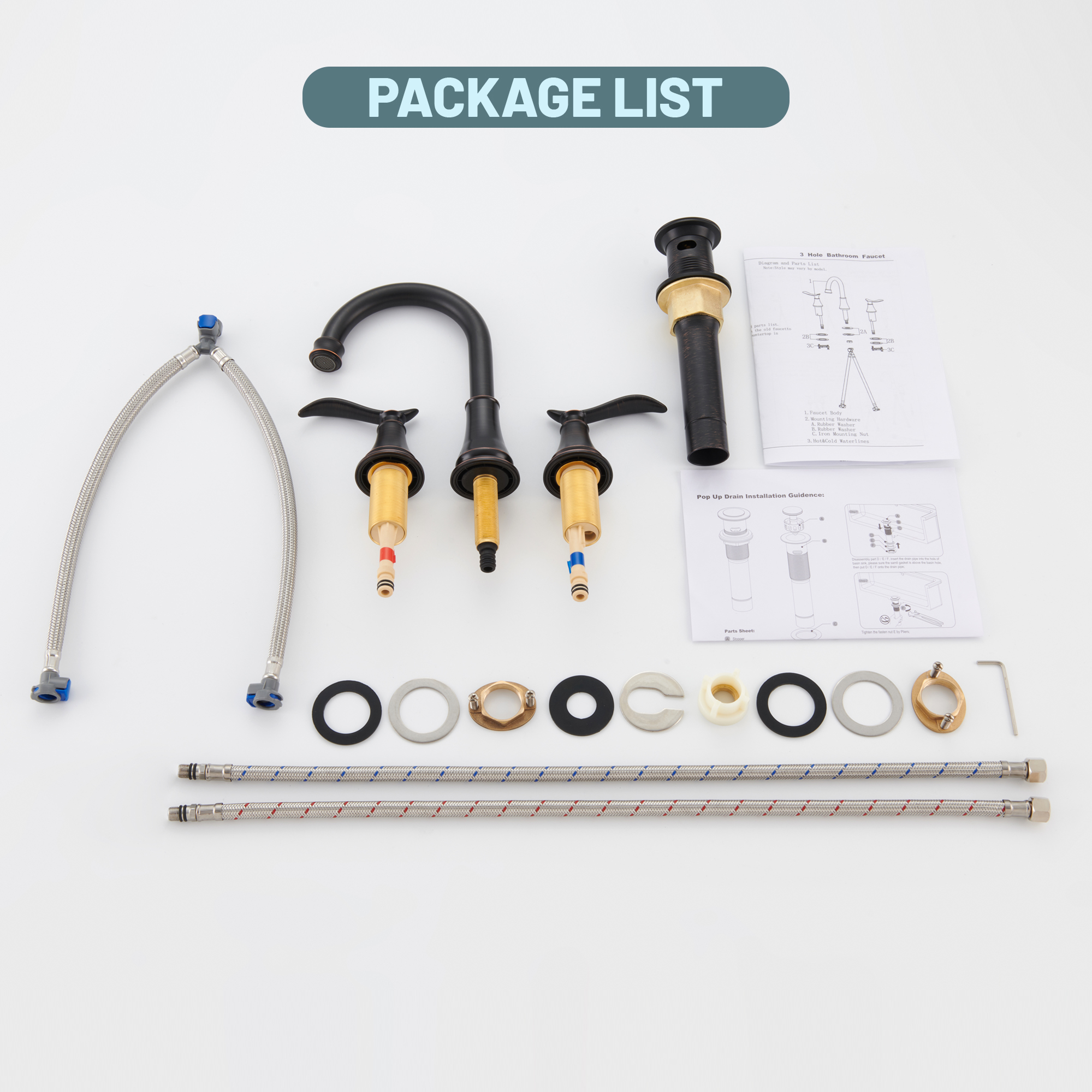 8 in. Widespread Double Handle Bathroom Sink Faucet with 360° Swivel Spout, Stainless Steel Drain Kit in Brushed Nickel/Oil Rubbed Bronze/Brushed Gold/Matte Black