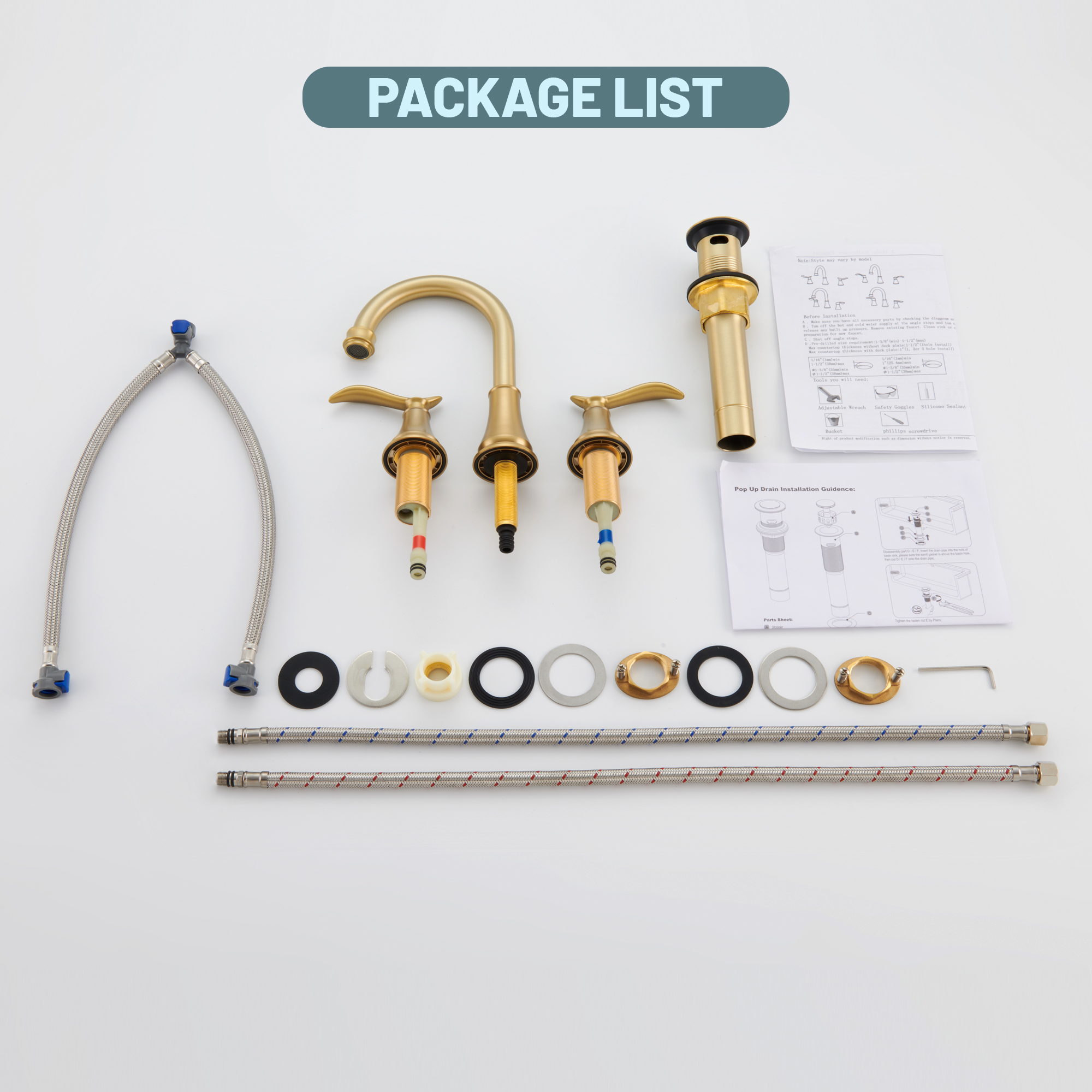 8 in. Widespread Double Handle Bathroom Sink Faucet with 360° Swivel Spout, Stainless Steel Drain Kit in Brushed Nickel/Oil Rubbed Bronze/Brushed Gold/Matte Black