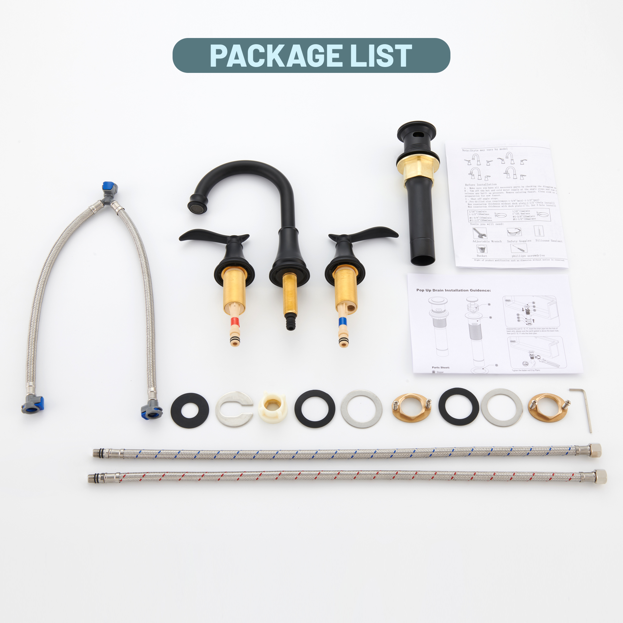 8 in. Widespread Double Handle Bathroom Sink Faucet with 360° Swivel Spout, Stainless Steel Drain Kit in Brushed Nickel/Oil Rubbed Bronze/Brushed Gold/Matte Black