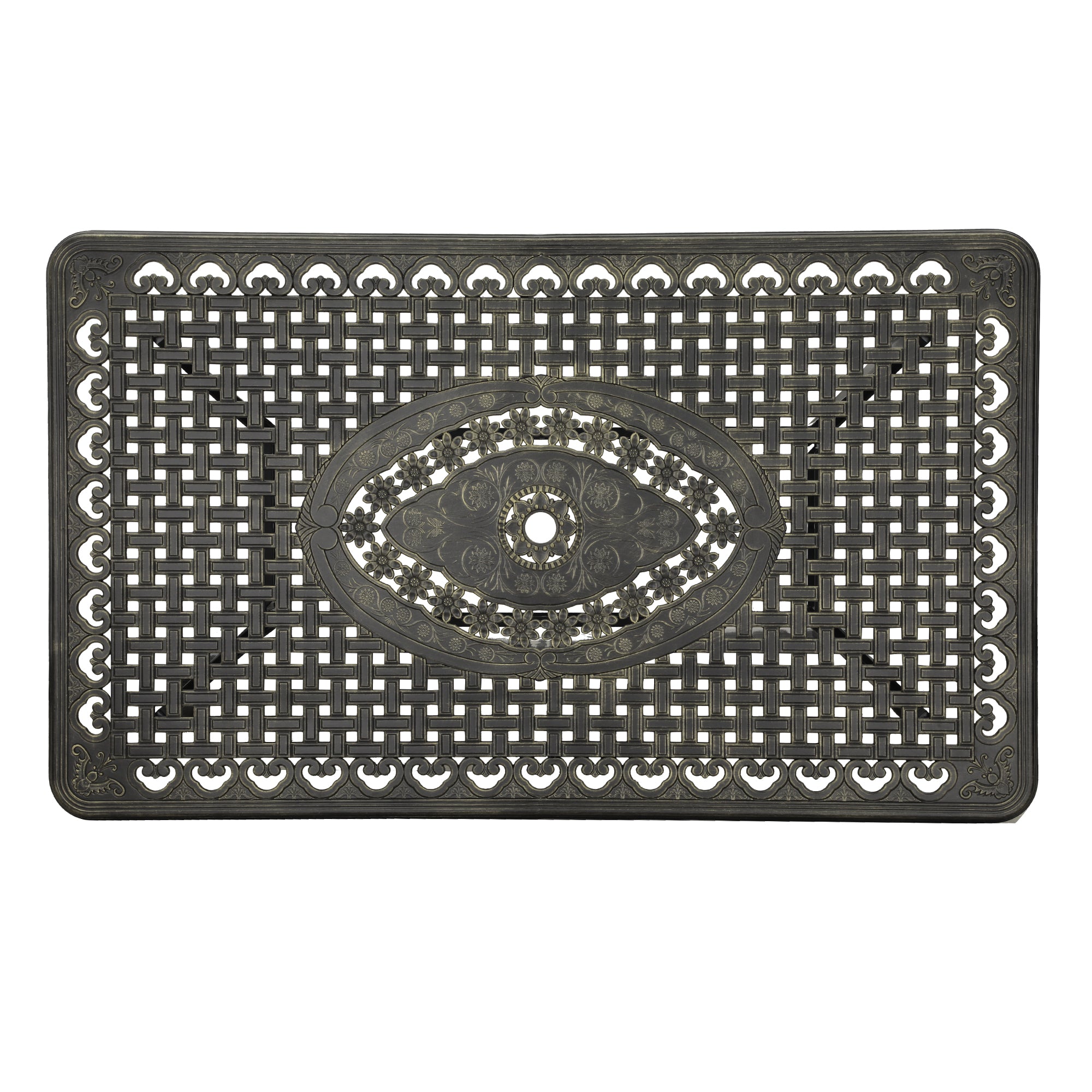 59. in Cast Aluminum Patio Rectangular Hollow-Carved Dining Table with Umbrella Hole