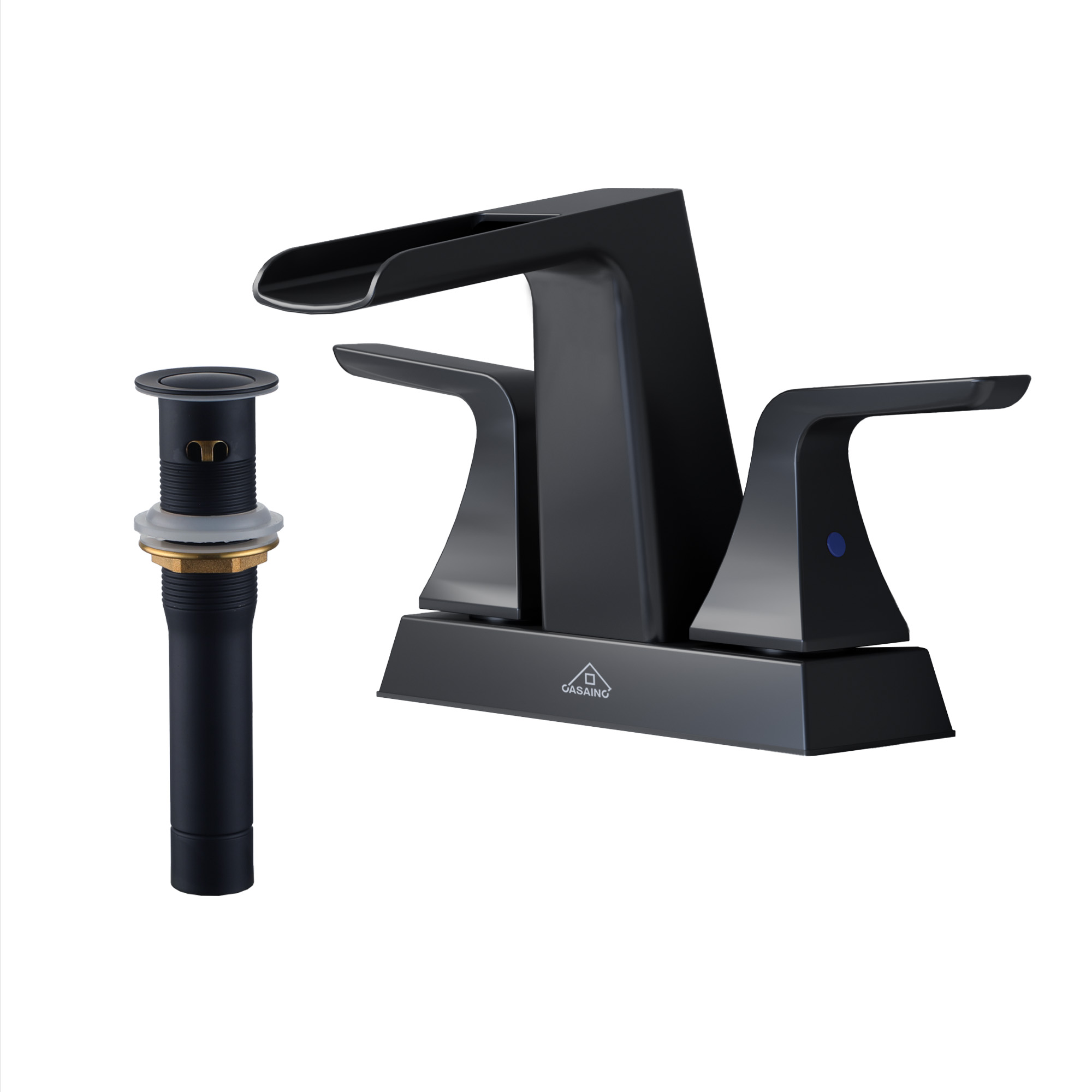 4 in. Centerset 2-Handle Waterfall Spout Mid Arc Lavatory Bathroom Faucet with Pop-Up Drain Kit in Brushed Gold/Matte Black