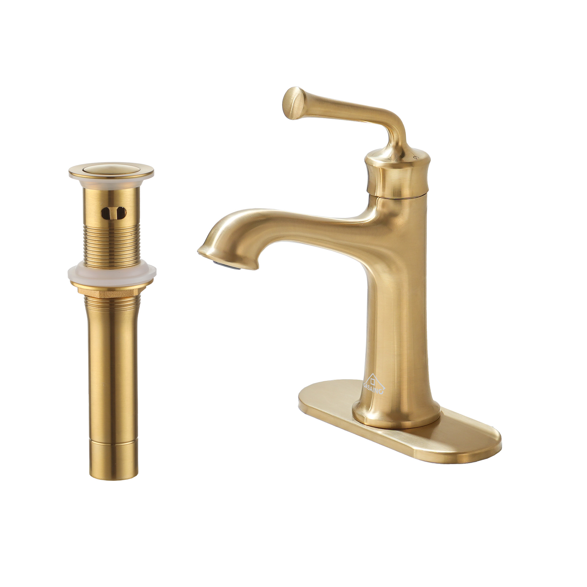 Single Handle Vessel Sink Faucet Single Hole Bathroom Faucet with Waterfall and Deck Plate in Brushed Gold