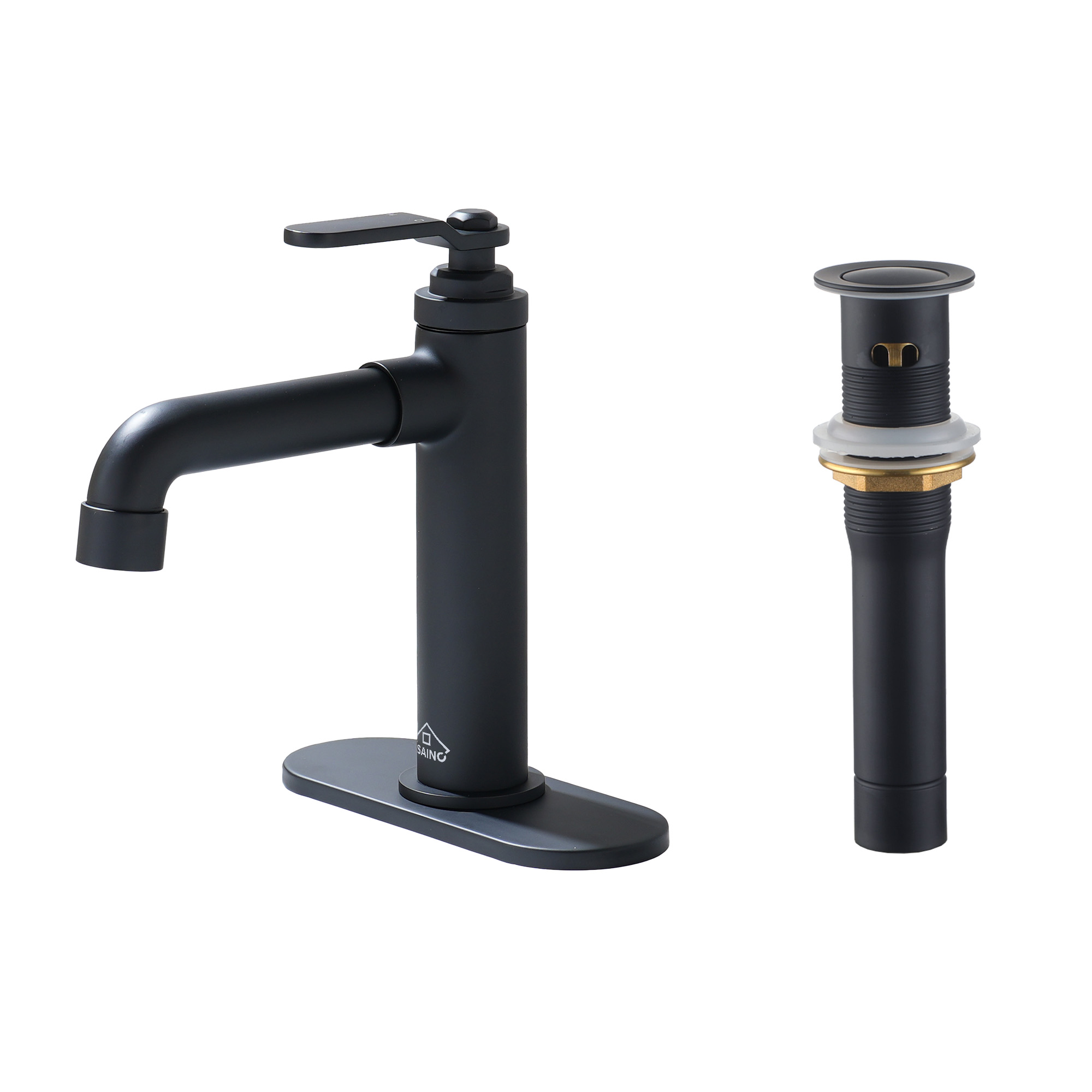 1.2 GPM Single Handle Single Hole Vessel Bathroom Faucet with Deckplate and Pop-Up Drain Kit in Matte Black