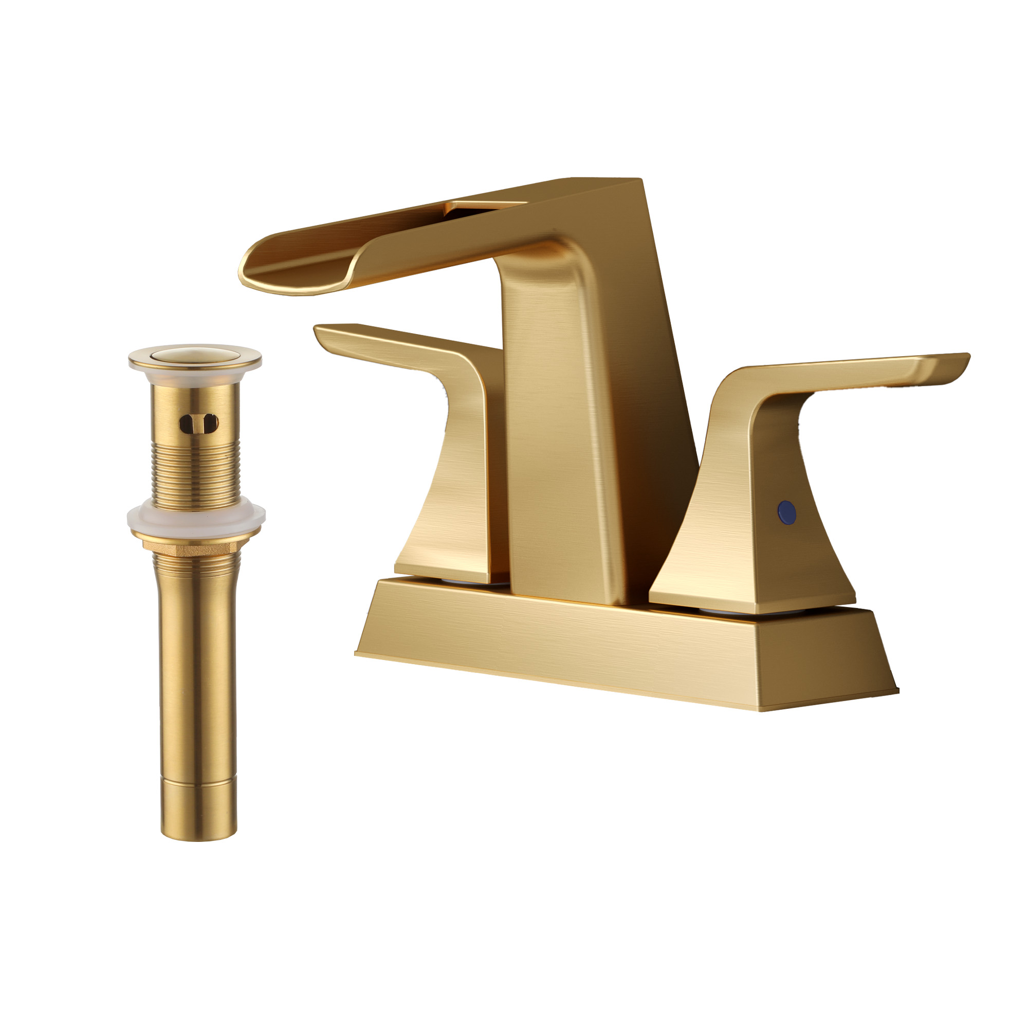 4 in. Centerset 2-Handle Waterfall Spout Mid Arc Lavatory Bathroom Faucet with Pop-Up Drain Kit in Brushed Gold/Matte Black