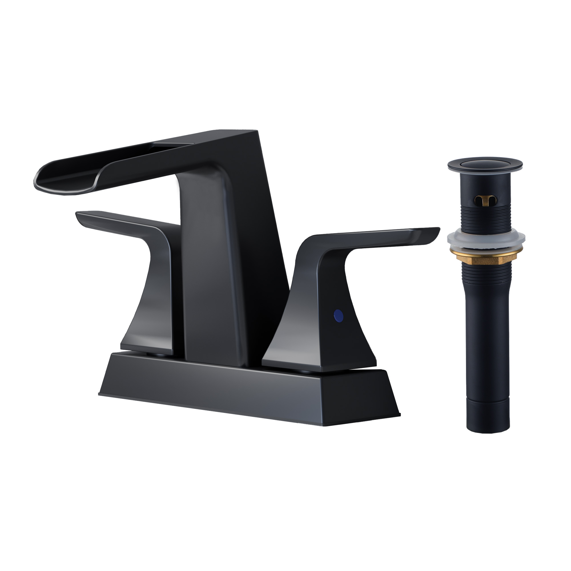 4 in. Centerset 2-Handle Waterfall Spout Mid Arc Lavatory Bathroom Faucet with Pop-Up Drain Kit in Brushed Gold/Matte Black