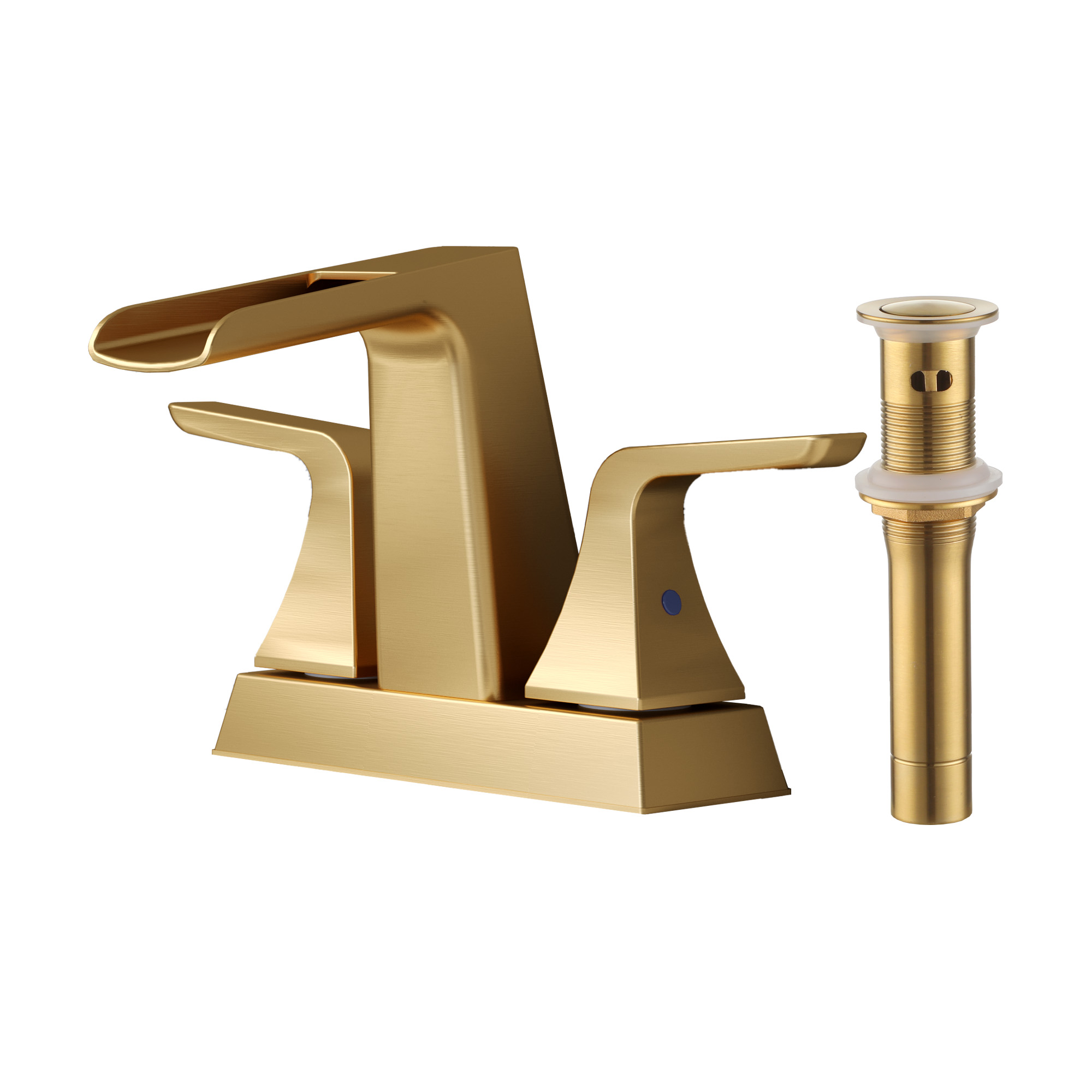 4 in. Centerset 2-Handle Waterfall Spout Mid Arc Lavatory Bathroom Faucet with Pop-Up Drain Kit in Brushed Gold/Matte Black