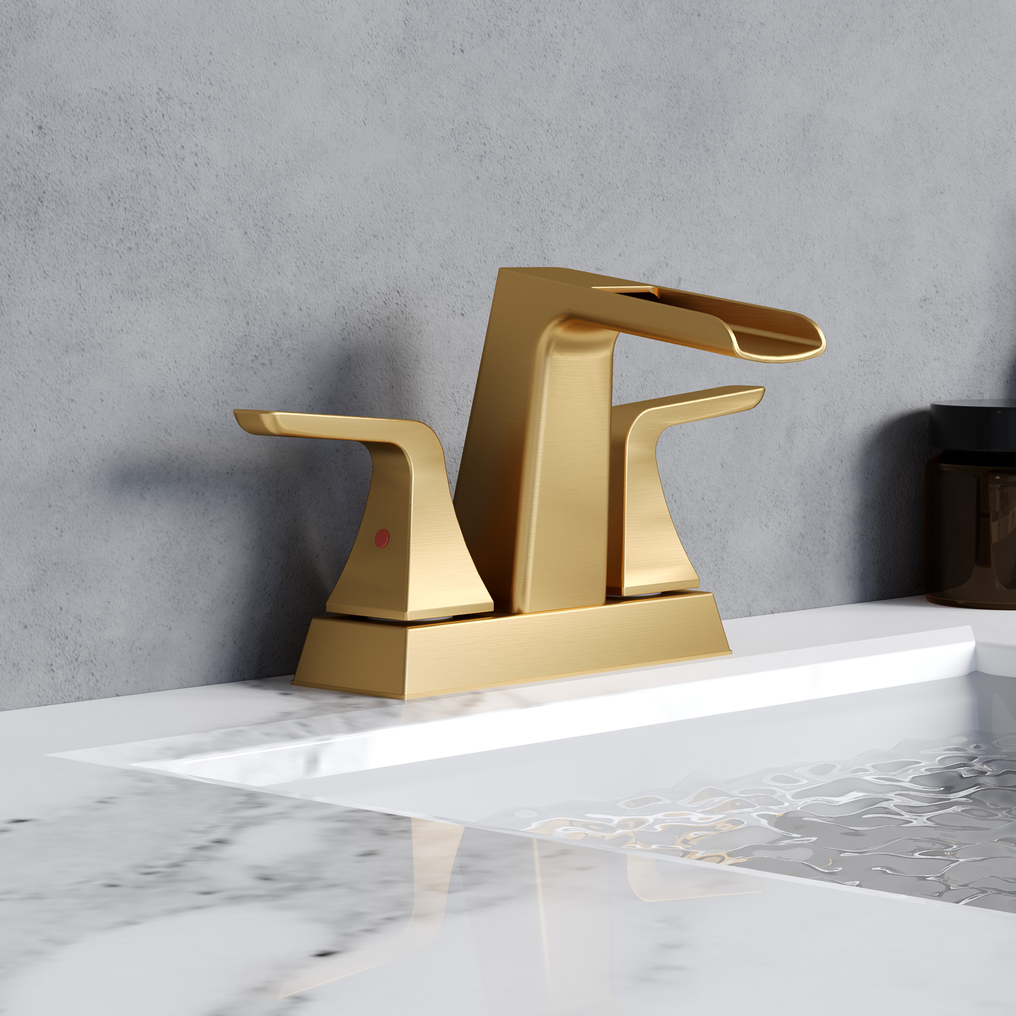 4 in. Centerset 2-Handle Waterfall Spout Mid Arc Lavatory Bathroom Faucet with Pop-Up Drain Kit in Brushed Gold/Matte Black