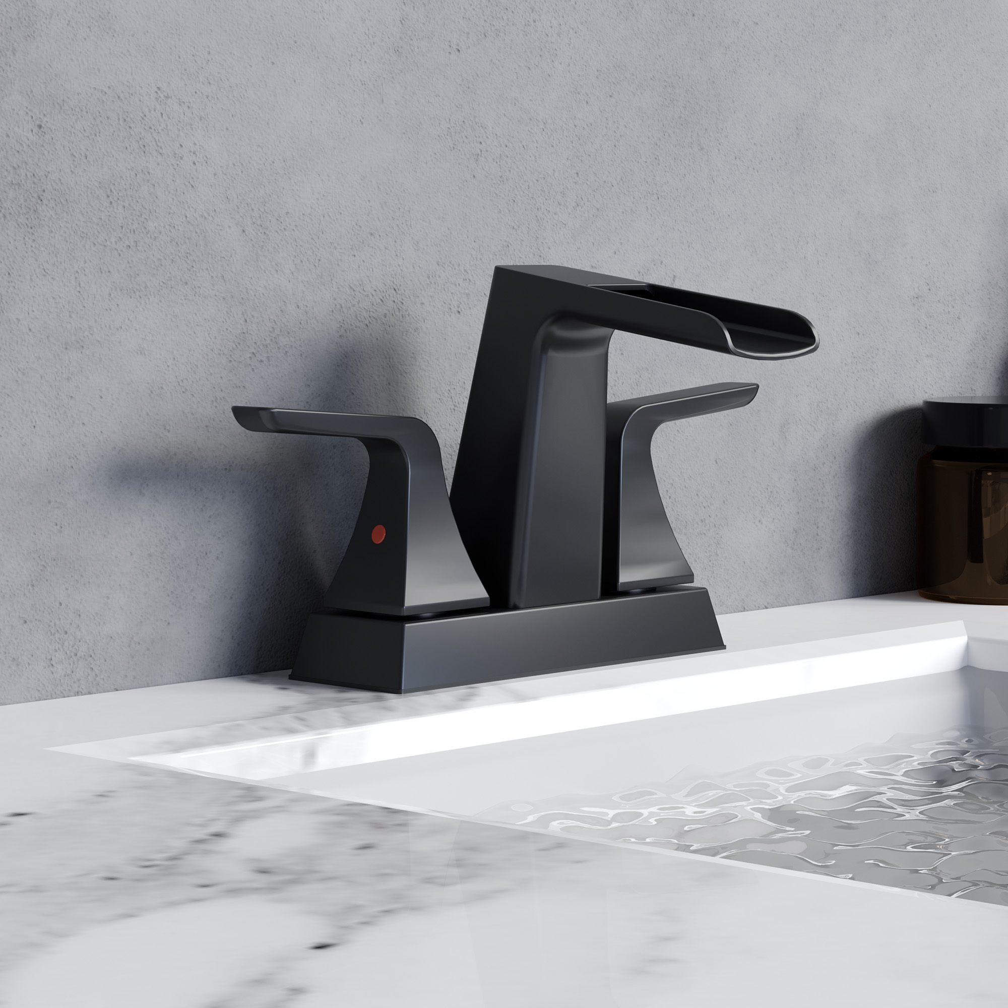 4 in. Centerset 2-Handle Waterfall Spout Mid Arc Lavatory Bathroom Faucet with Pop-Up Drain Kit in Brushed Gold/Matte Black