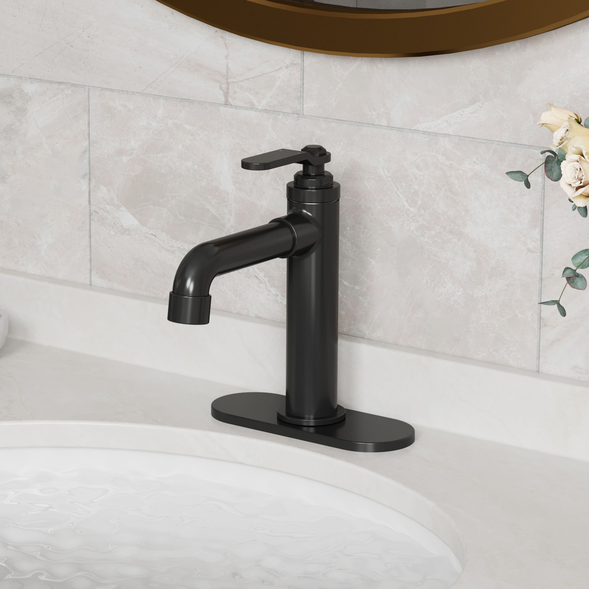 1.2 GPM Single Handle Single Hole Vessel Bathroom Faucet with Deckplate and Pop-Up Drain Kit in Matte Black