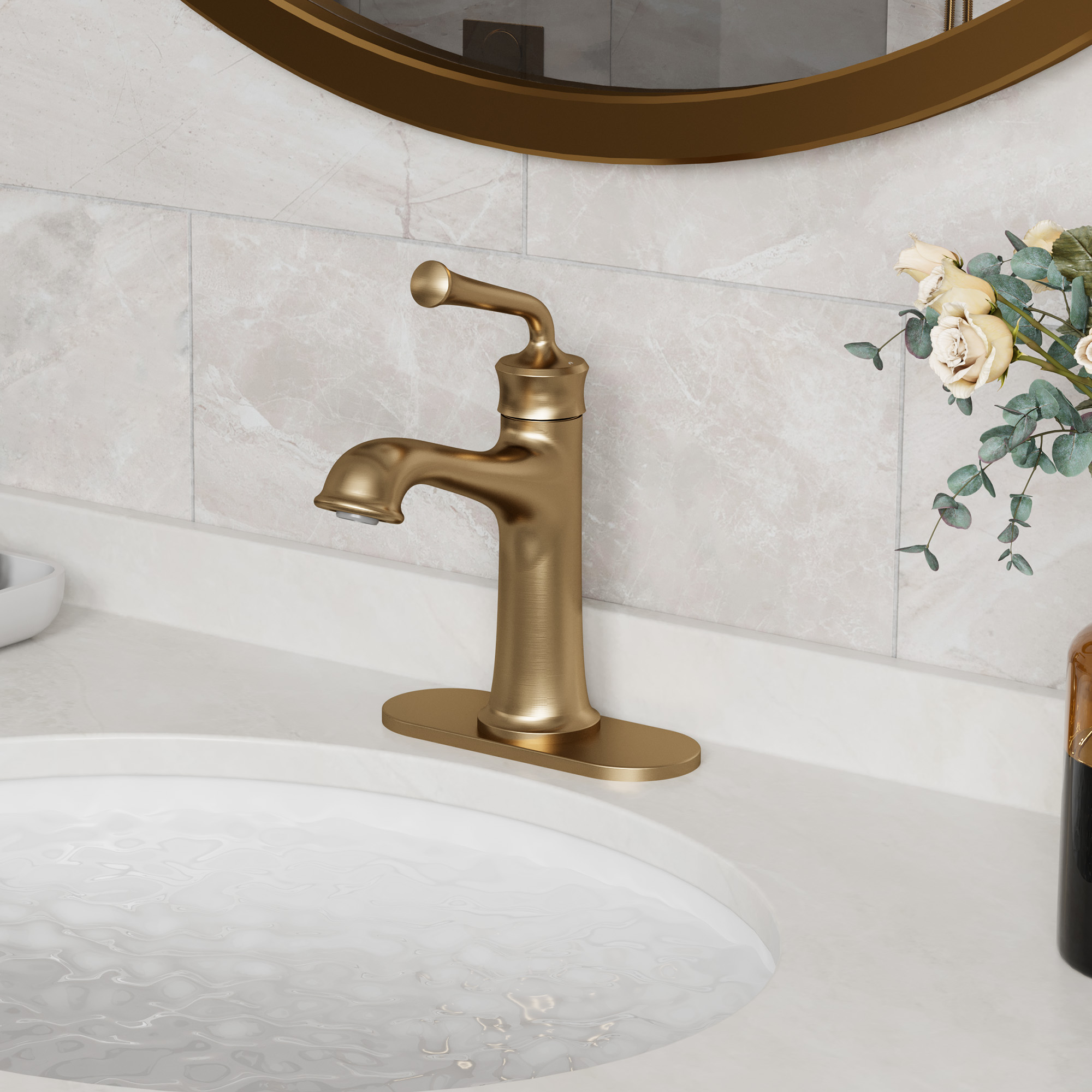 Single Handle Vessel Sink Faucet Single Hole Bathroom Faucet with Waterfall and Deck Plate in Brushed Gold