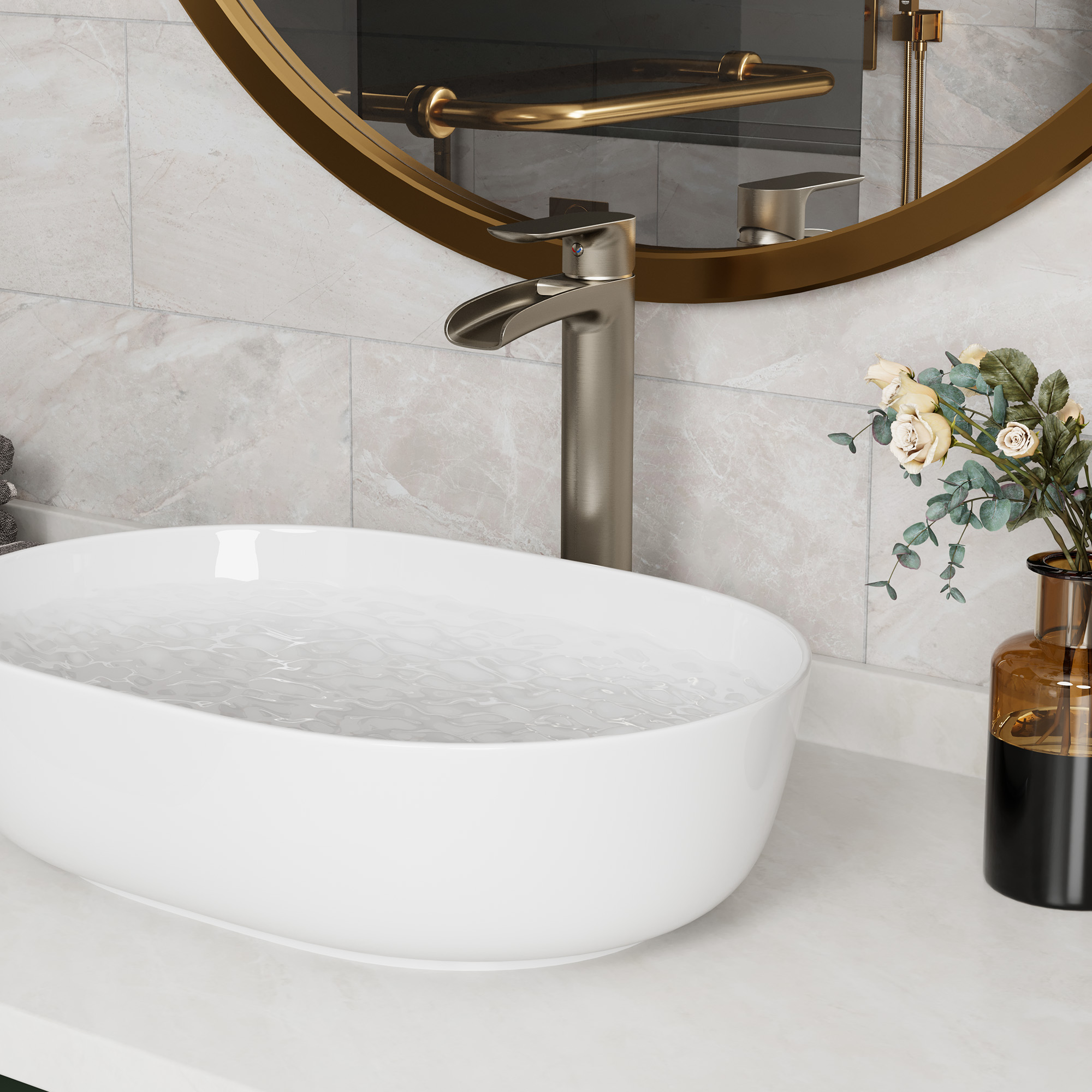 Waterfall Spout High Vessel Bathroom Sink Faucet, Basin Faucet Single Handle Single Hole Brushed Nickel/Matte Black