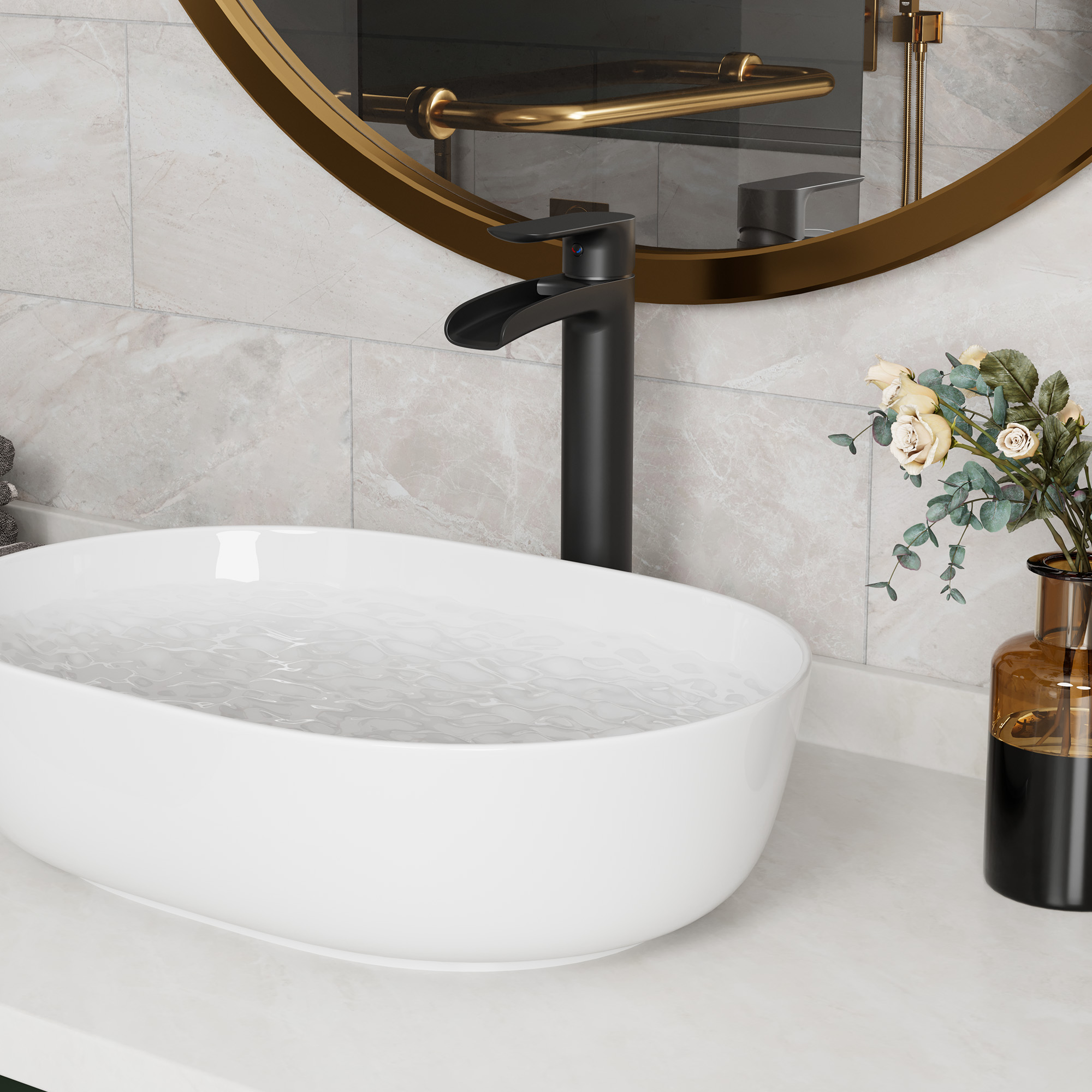 Waterfall Spout High Vessel Bathroom Sink Faucet, Basin Faucet Single Handle Single Hole Brushed Nickel/Matte Black