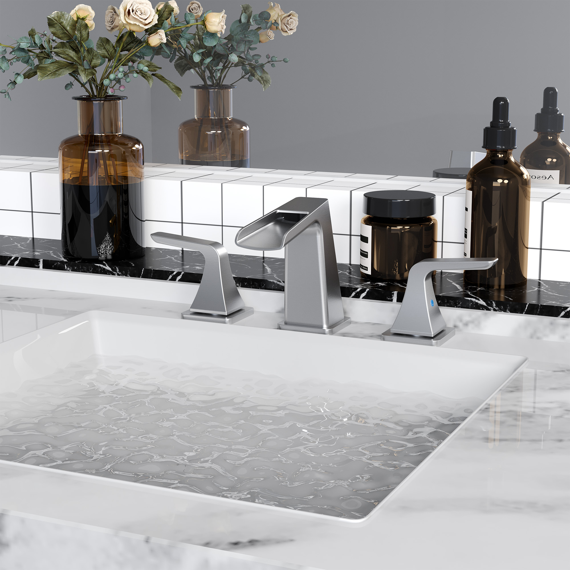 8 in. Widespread 2-Handle Waterfall Spout Bathroom Faucet with Pop-Up Drain Kit in Brushed Nickel/Brushed Gold/Matte Black