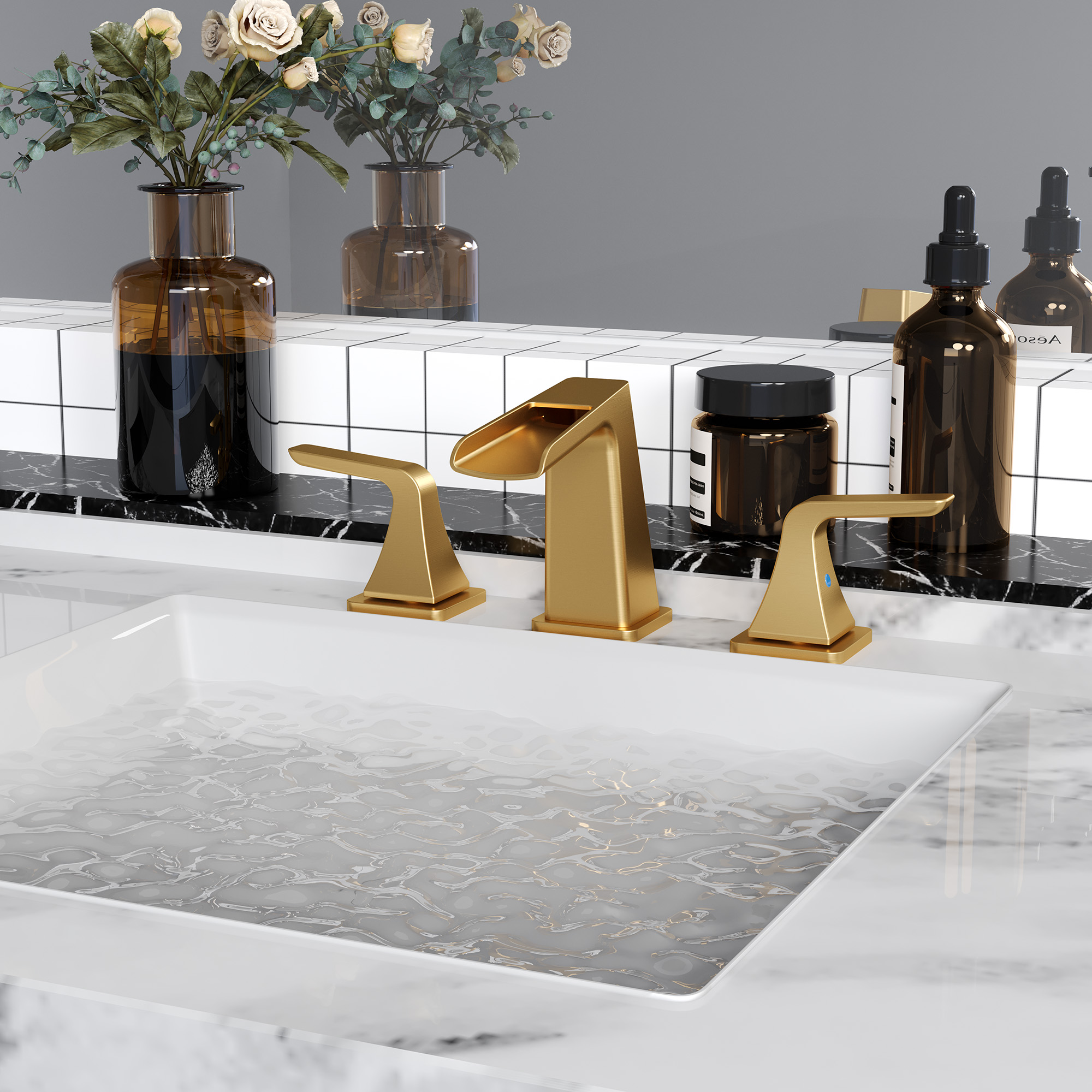 8 in. Widespread 2-Handle Waterfall Spout Bathroom Faucet with Pop-Up Drain Kit in Brushed Nickel/Brushed Gold/Matte Black