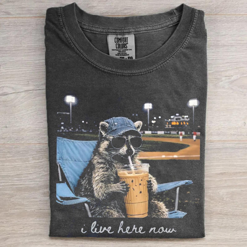 Retro I Live Here Now Racoon Funny Ballfield Baseball T-Shirt