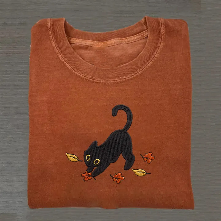 Cat Pouncing Leaves Embroidered T-shirt