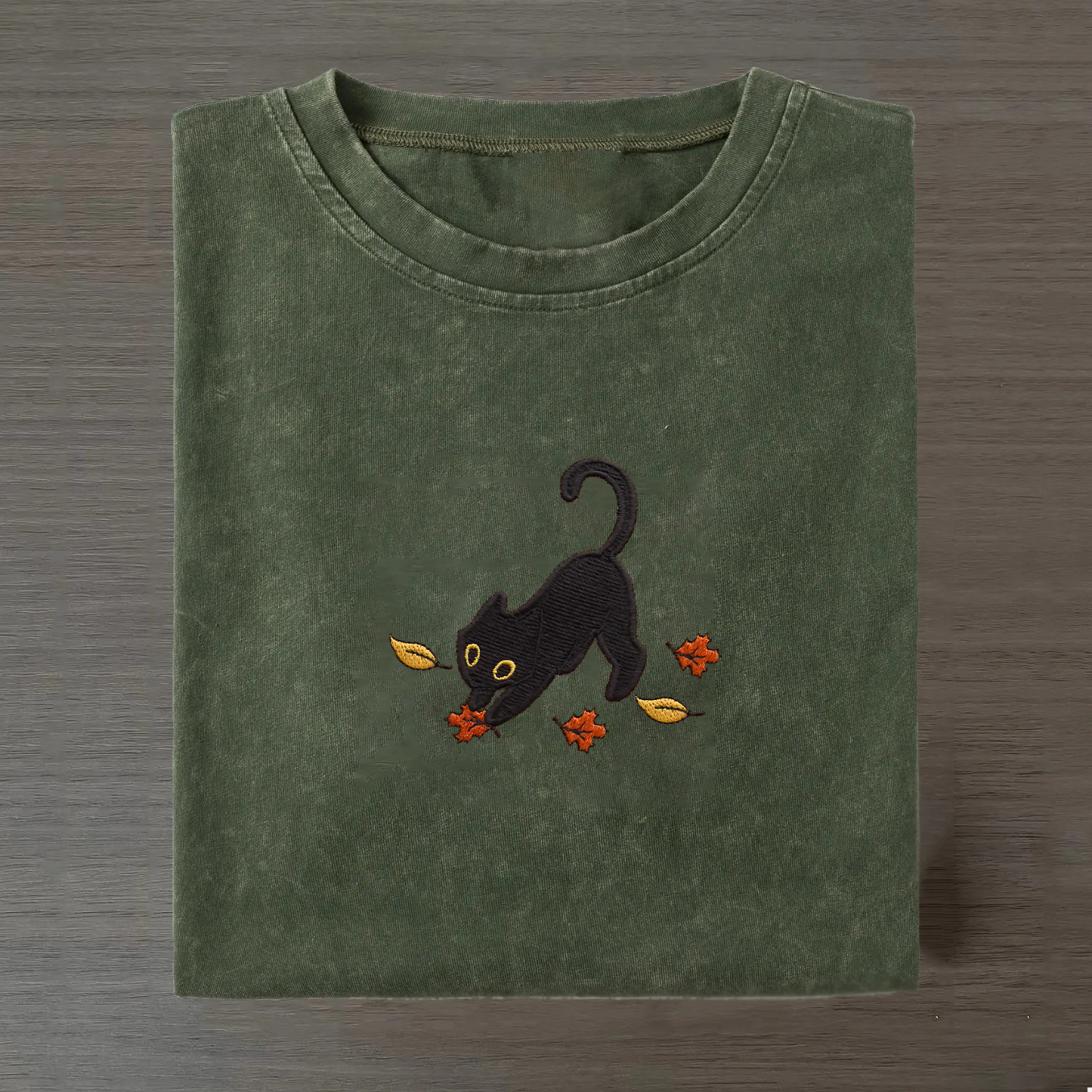 Cat Pouncing Leaves Embroidered T-shirt