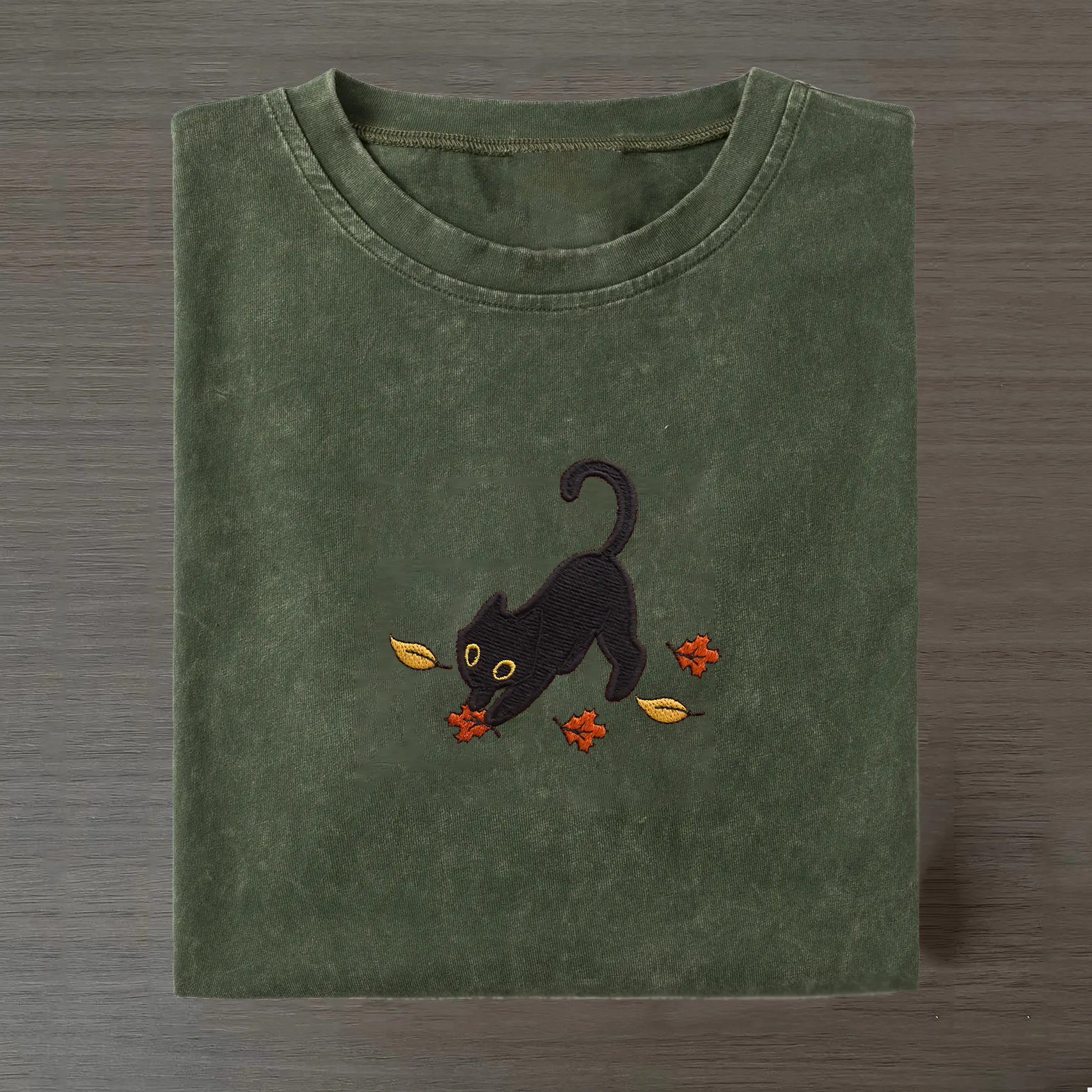 Cat Pouncing Leaves Embroidered T-shirt