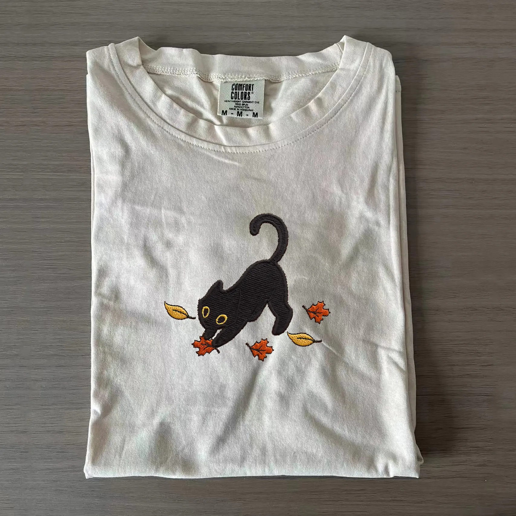 Cat Pouncing Leaves Embroidered T-shirt