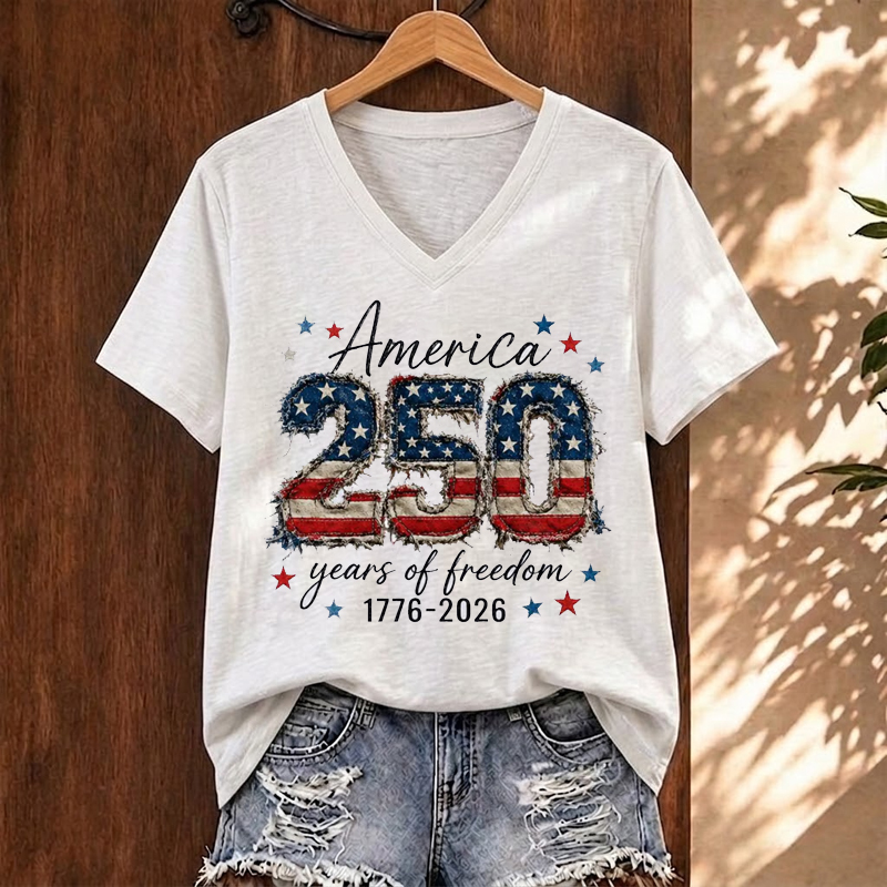  America 250th Anniversary  Faux Patchwork Patriotic V-neck T-Shirt