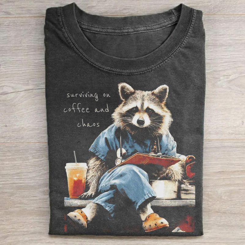 Surviving On Coffee And Chaos Funny Nurse Raccoon T-Shirt