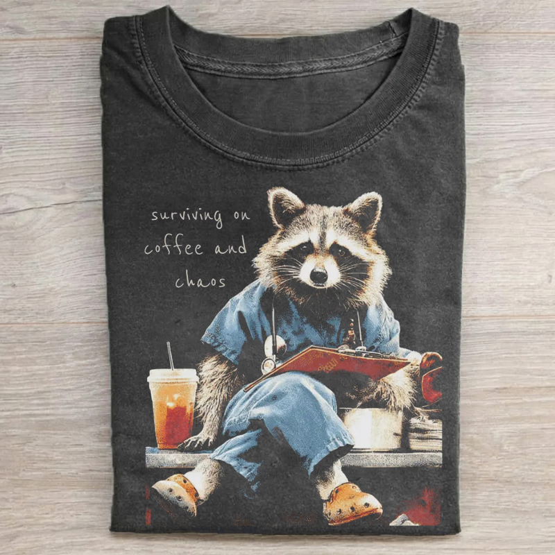 Surviving On Coffee And Chaos Funny Nurse Raccoon T-Shirt