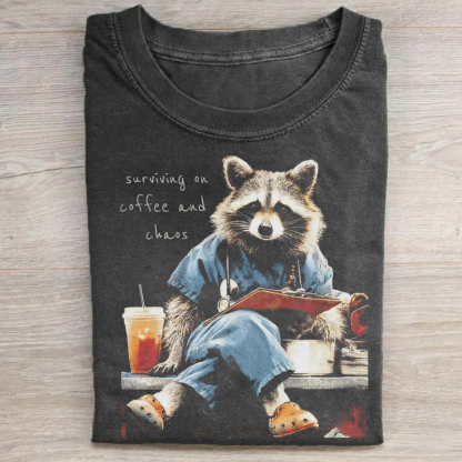 Surviving On Coffee And Chaos Funny Nurse Raccoon T-Shirt