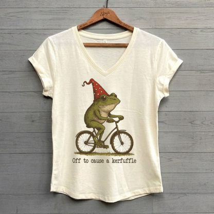 Off to Cause a Kerfuffle Frog Sarcastic Funny Frog Meme Mental Health V-neck Shirt