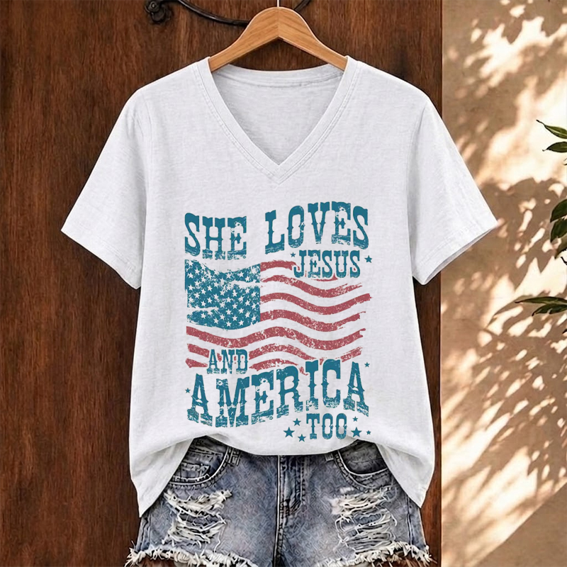 She Loves Jesus And America Too V-neck T-Shirt