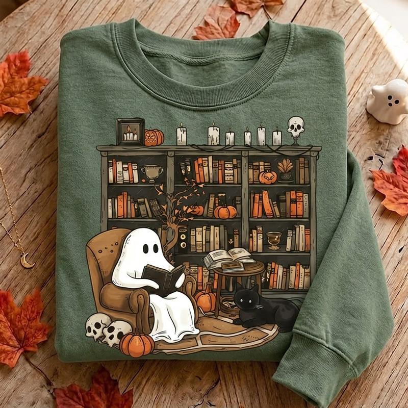 Retro Ghost Reading Halloween Librarian Sweatshirt