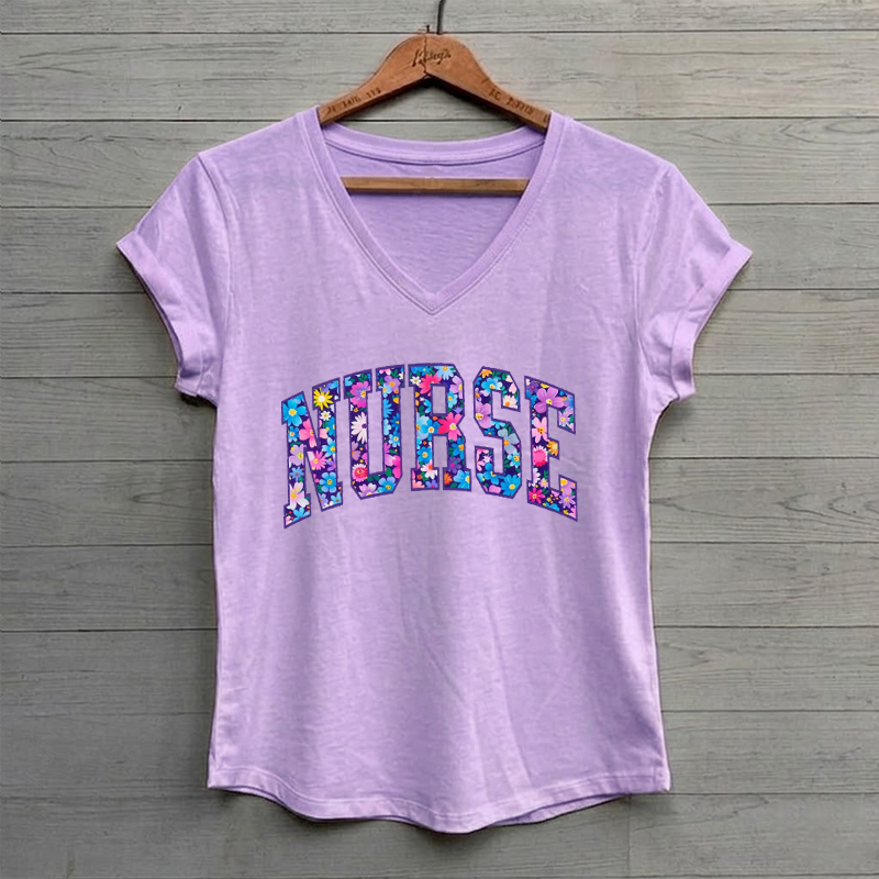  Floral Nurse V-neck T-Shirt