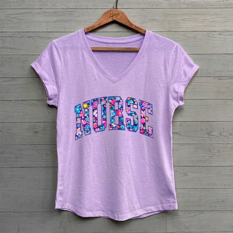  Floral Nurse V-neck T-Shirt