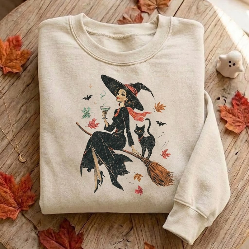 Vintage Witch & Cat Ringer Halloween Sweatshirt