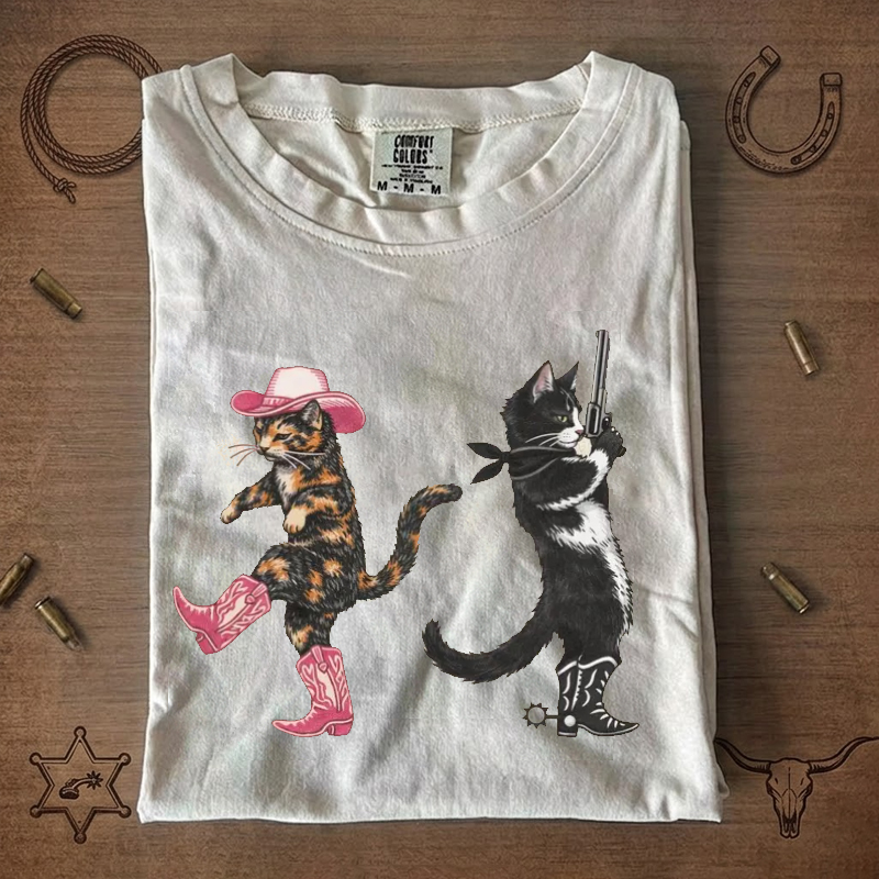 Cowgirl Tortoiseshell Cat and Cowboy Tuxedo Cat Western Graphic T-Shirt
