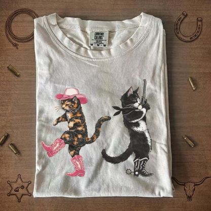 Cowgirl Tortoiseshell Cat and Cowboy Tuxedo Cat Western Graphic T-Shirt