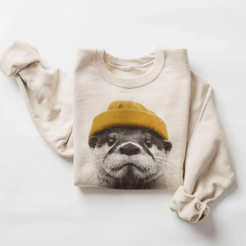 Retro River Otter Wearing Beanie Unisex Sweatshirt