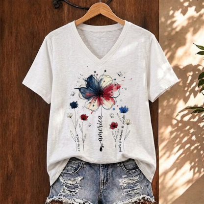 USA 250th Anniversary Floral V-neck T-Shirt