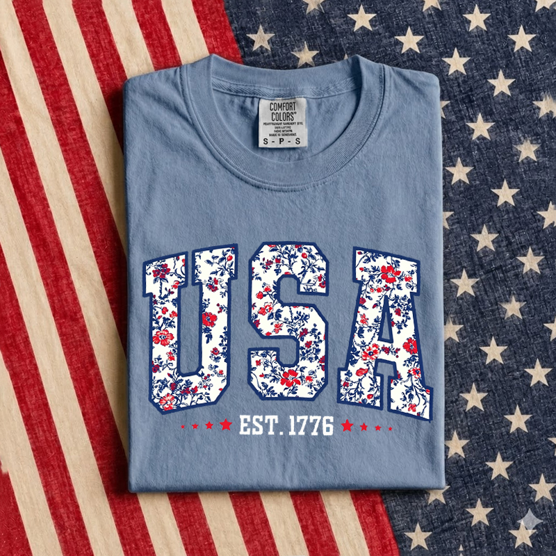 Floral USA Patriotic 4th Of July T-Shirt