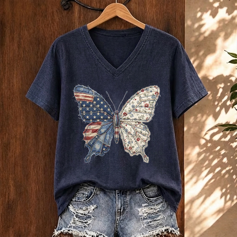 Faux Patchwork Patriotic Butterfly 4th Of July V-neck T-Shirt 