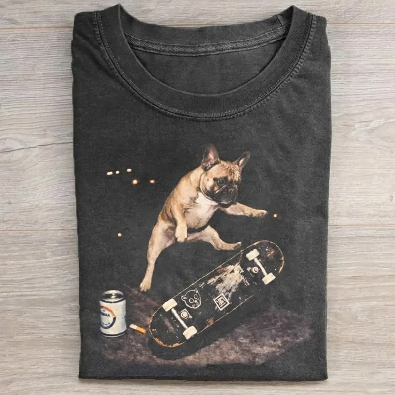 Retro Style Skateboarding French Bulldog Graphic T-shirt