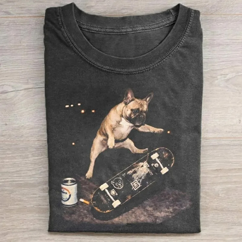 Retro Style Skateboarding French Bulldog Graphic T-shirt