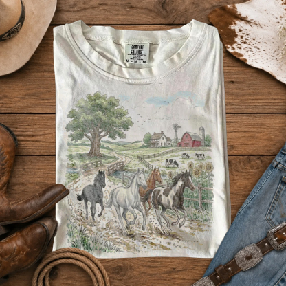 Vintage Running Horses Farm Countryside Animal T-Shirt