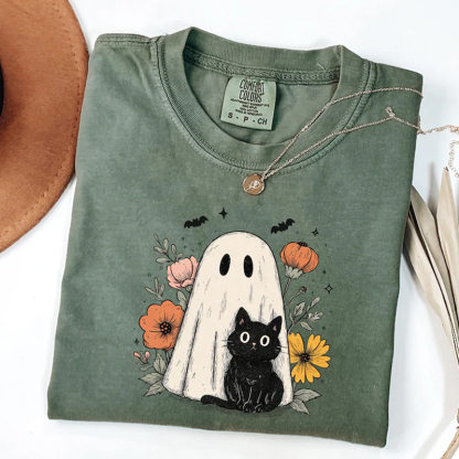 Halloween Black Cat And Ghost T-Shirt