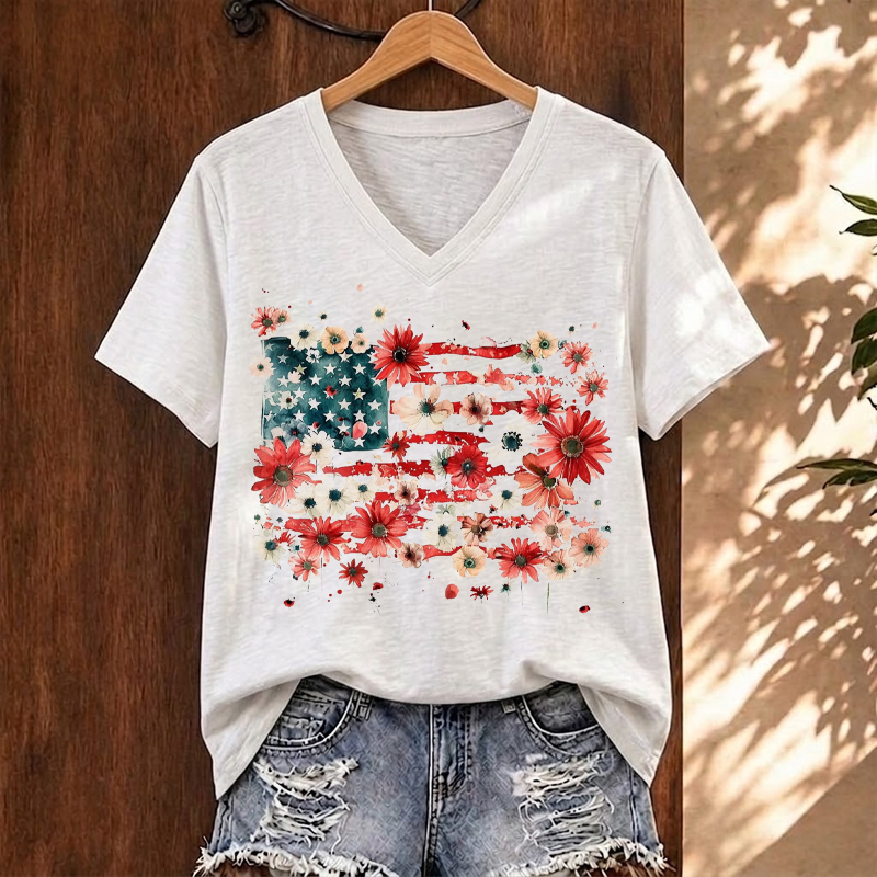 Floral American Flag 4th of July V-neck T-Shirt