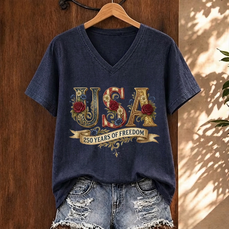 USA 250 Floral Patriotic V-neck T-Shirt