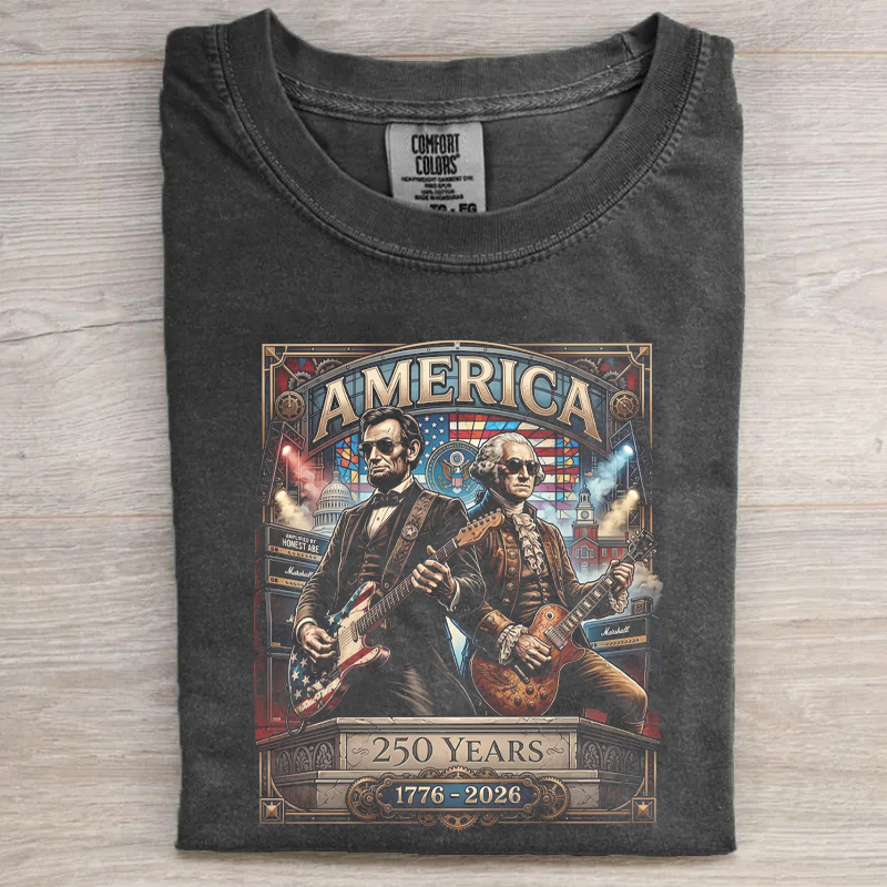 250 Years America Anniversary George Washington & Lincoln Playing Guitar T-Shirt