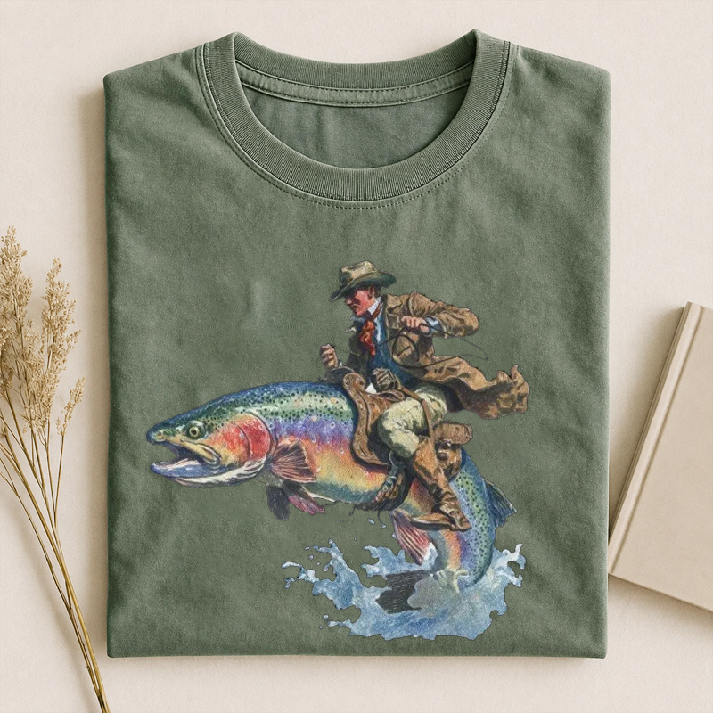 Cowboy Riding Rainbow Trout Rodeo Graphic T-Shirt